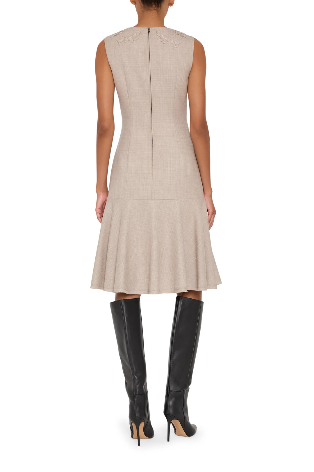 Sleeveless fit-and-flare dress with embroidered detail, flannel fabric, back zip closure, back view on white.
