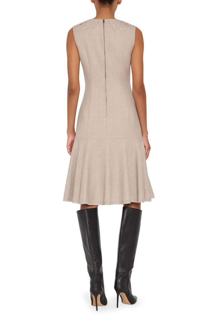 Sleeveless fit-and-flare dress with embroidered detail, flannel fabric, back zip closure, back view on white.