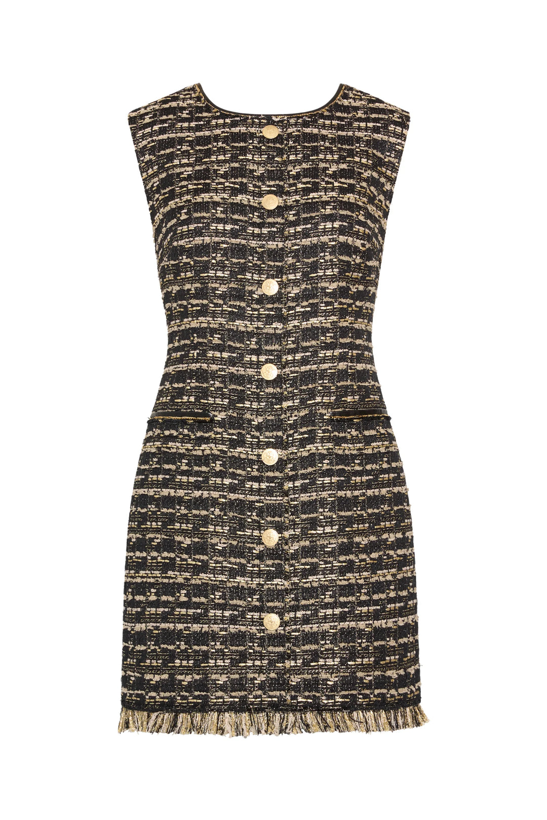 Gillian Lurex Tweed mini dress, button-front, zip pockets, fringed hem, metallic hardware, front view on white.