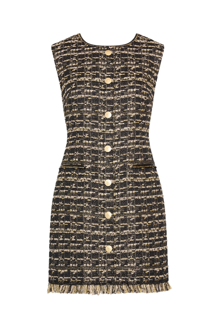 Gillian Lurex Tweed mini dress, button-front, zip pockets, fringed hem, metallic hardware, front view on white.