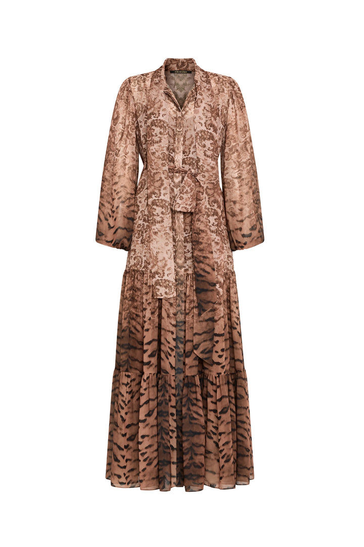 Long-sleeve, button-down maxi dress with tie belt, fluid silhouette and animal print crepe; front view on white.