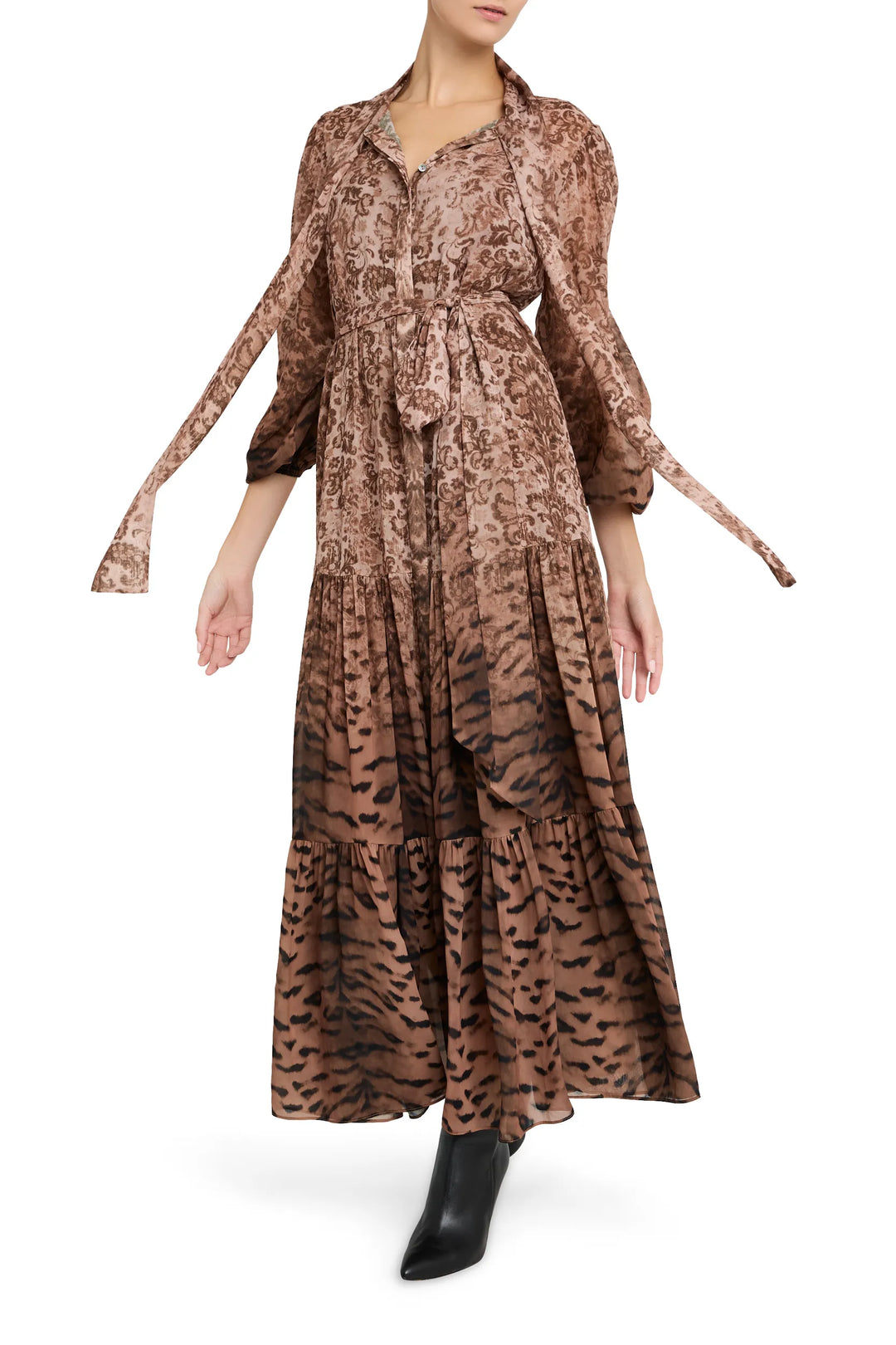 Animal-print maxi dress with tie waist, billowy sleeves, flowing silhouette; front view on model.