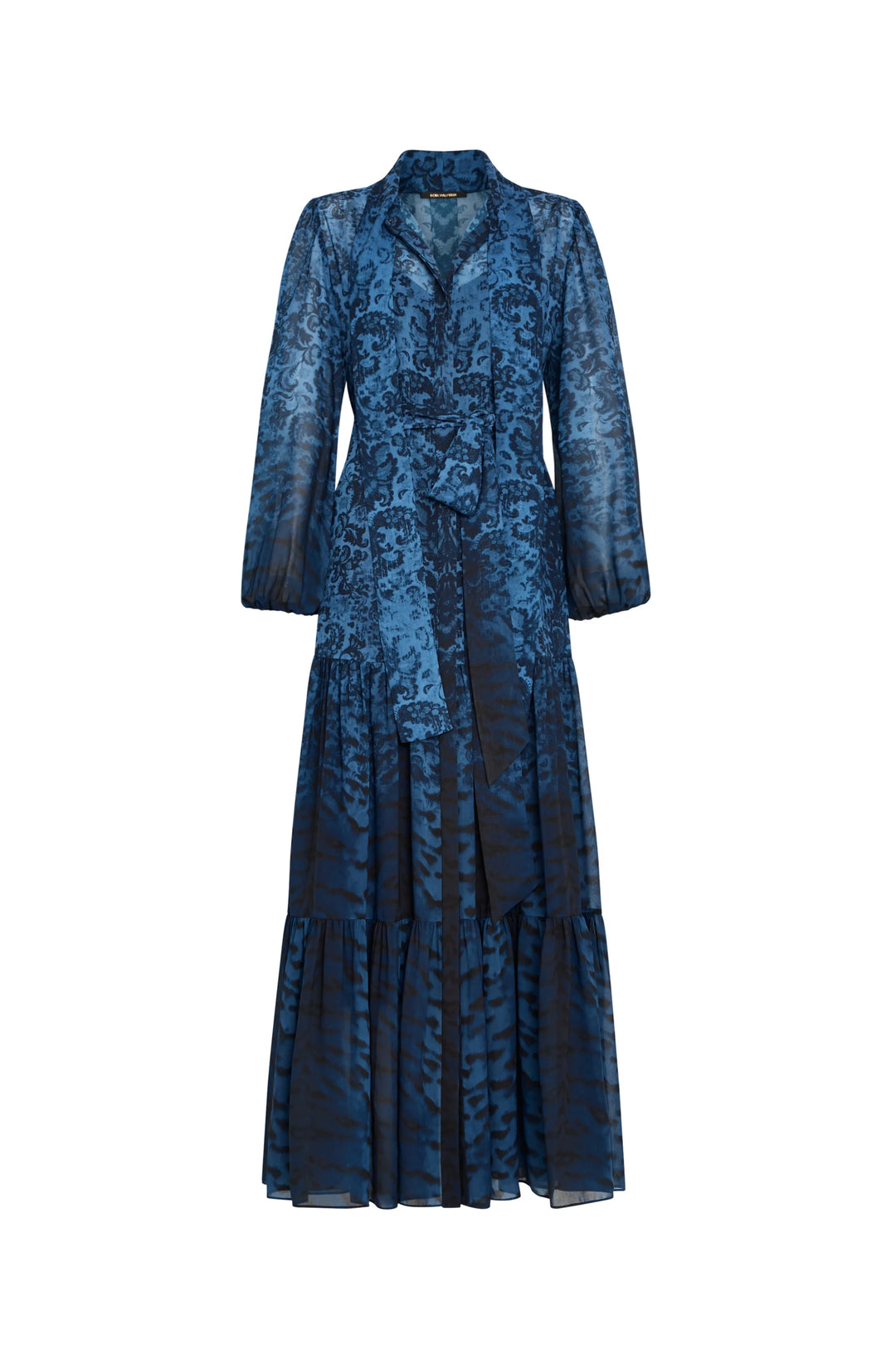 Blue midi dress with long sleeves, subtle animal print, tiered flowy skirt; crepe fabric. Front view on white.