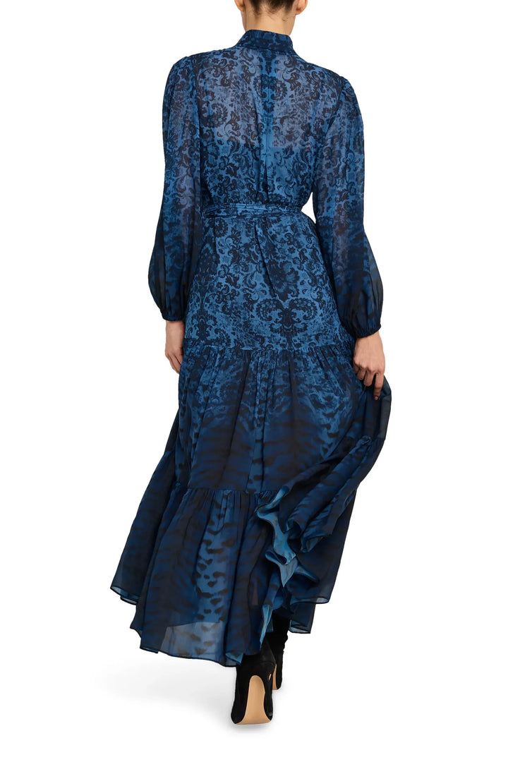 Oak Printed Dress with sheer patterned fabric, long sleeves, relaxed silhouette; back view on model.