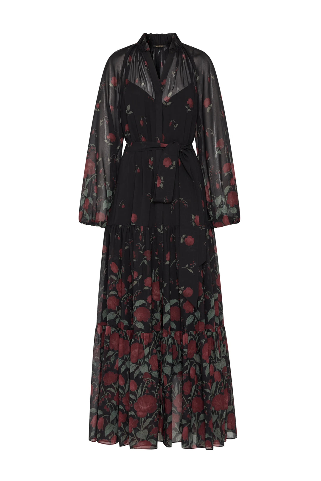 Sheer chiffon maxi dress, tiered silhouette, shirt front, fabric belt; floral print—front view on white.