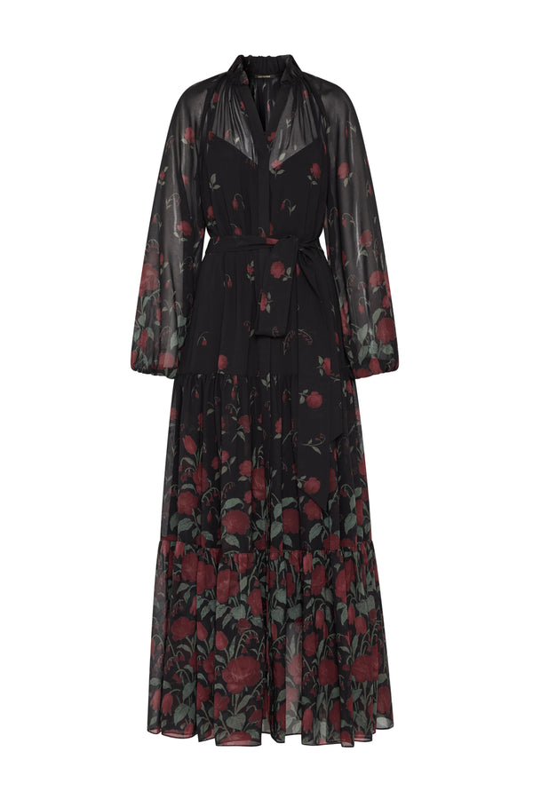 Sheer chiffon maxi dress, tiered silhouette, shirt front, fabric belt; floral print—front view on white.