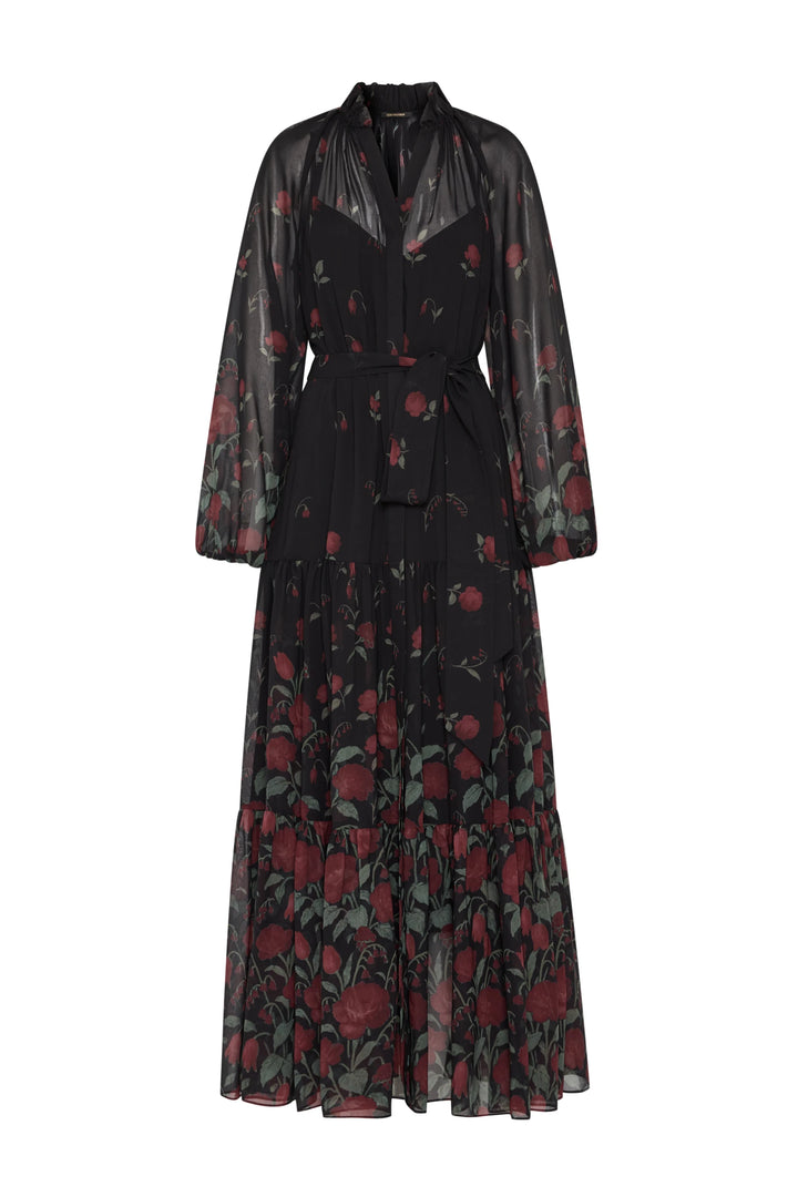 Sheer chiffon maxi dress, tiered silhouette, shirt front, fabric belt; floral print—front view on white.