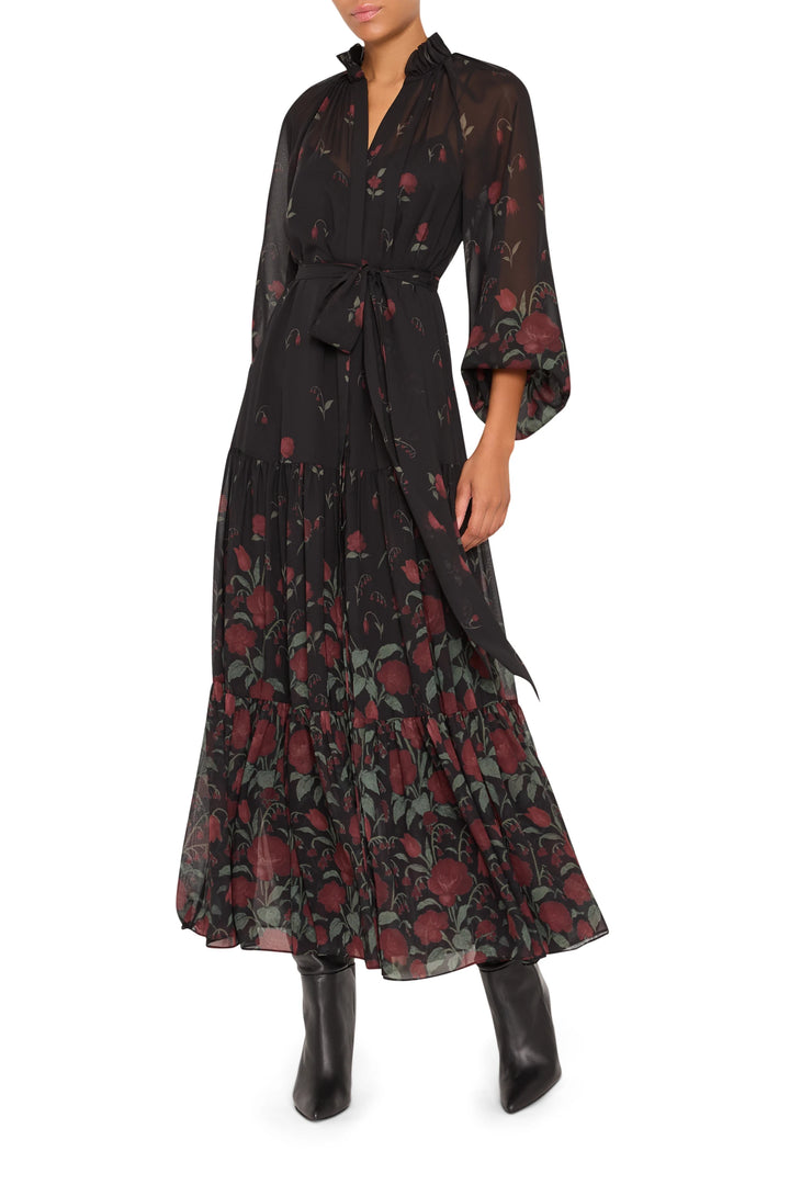Chiffon long dress with robin print, belted waist, fluid silhouette, soft drape; front view on white.