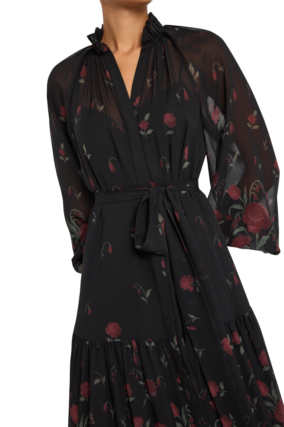 Long chiffon dress with sheer tiered skirt, shirt-style front opening, belted waist, red floral print; front view on model.