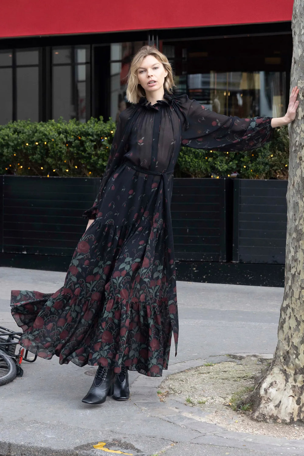 Chiffon long dress with relaxed silhouette and subtle gathers, robin print, front view on model.