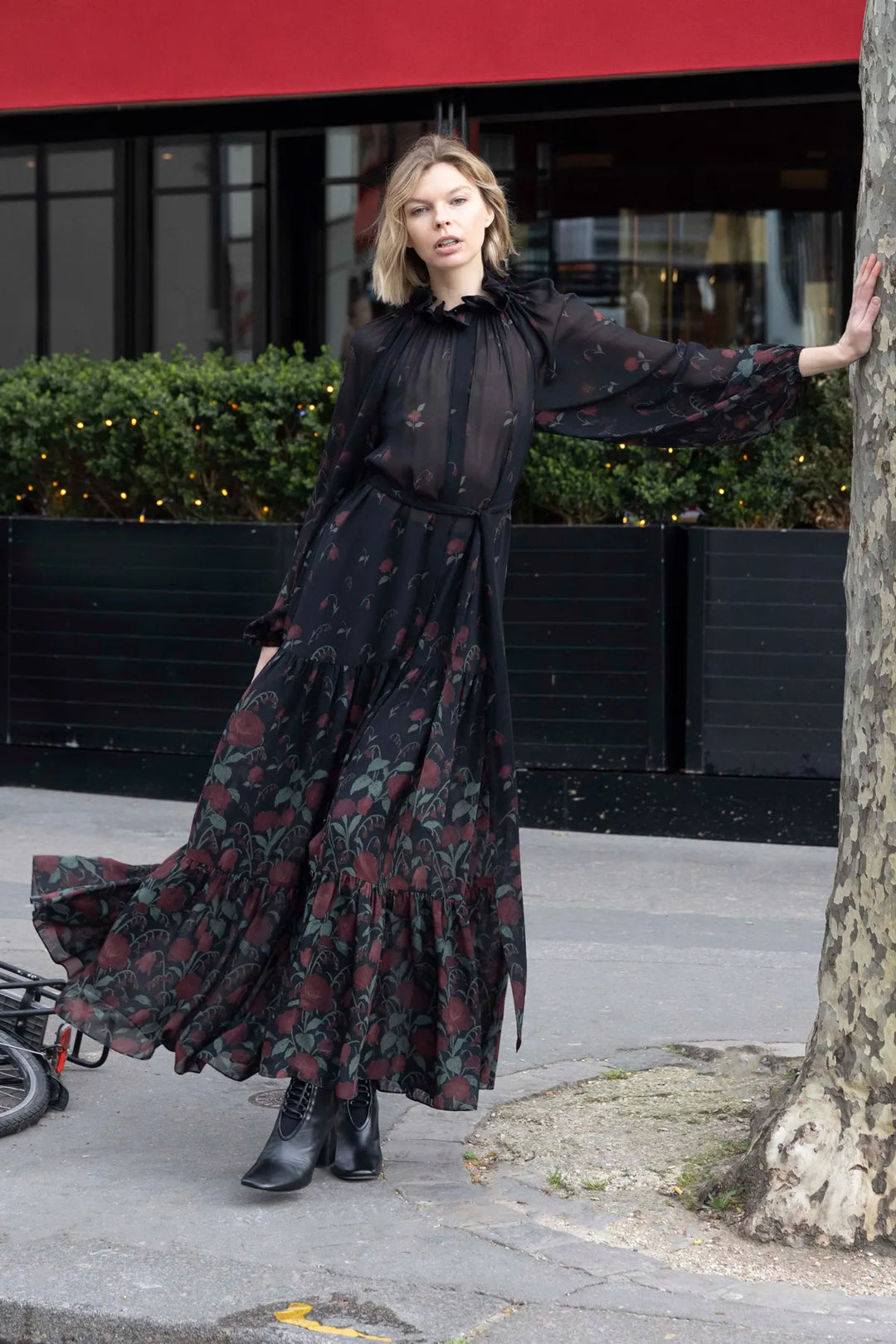 Chiffon long dress with relaxed silhouette and subtle gathers, robin print, front view on model.
