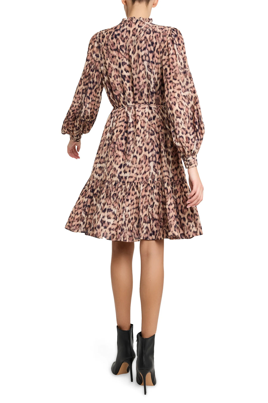 Midi dress with relaxed silhouette, long sleeves, gathered waist, and allover print; back view on model.