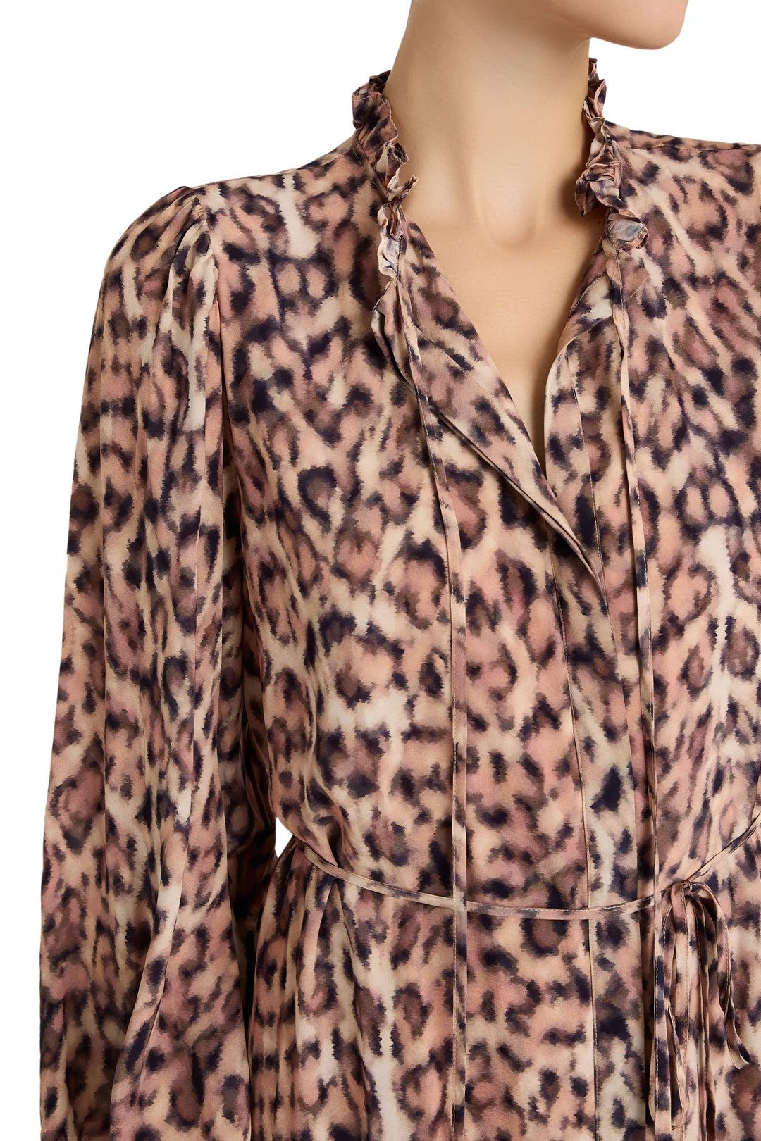 Long-sleeve, midi viscose dress with soft drape and classic shirt silhouette, front view on model.