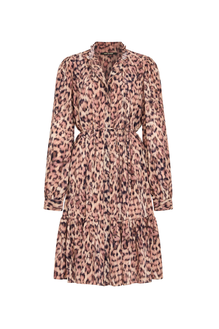 Long-sleeve, knee-length dress with tiered skirt, soft viscose, relaxed fit and crew neck; front view on white.