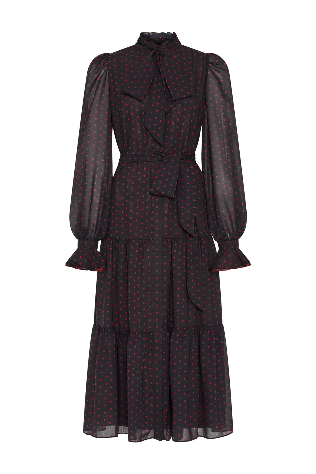 Black midi dress, chiffon, tiered skirt, tie neck, ruffle cuffs, red polka dots; front view on white.
