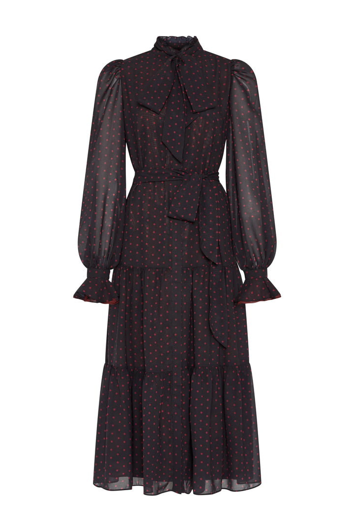 Black midi dress, chiffon, tiered skirt, tie neck, ruffle cuffs, red polka dots; front view on white.