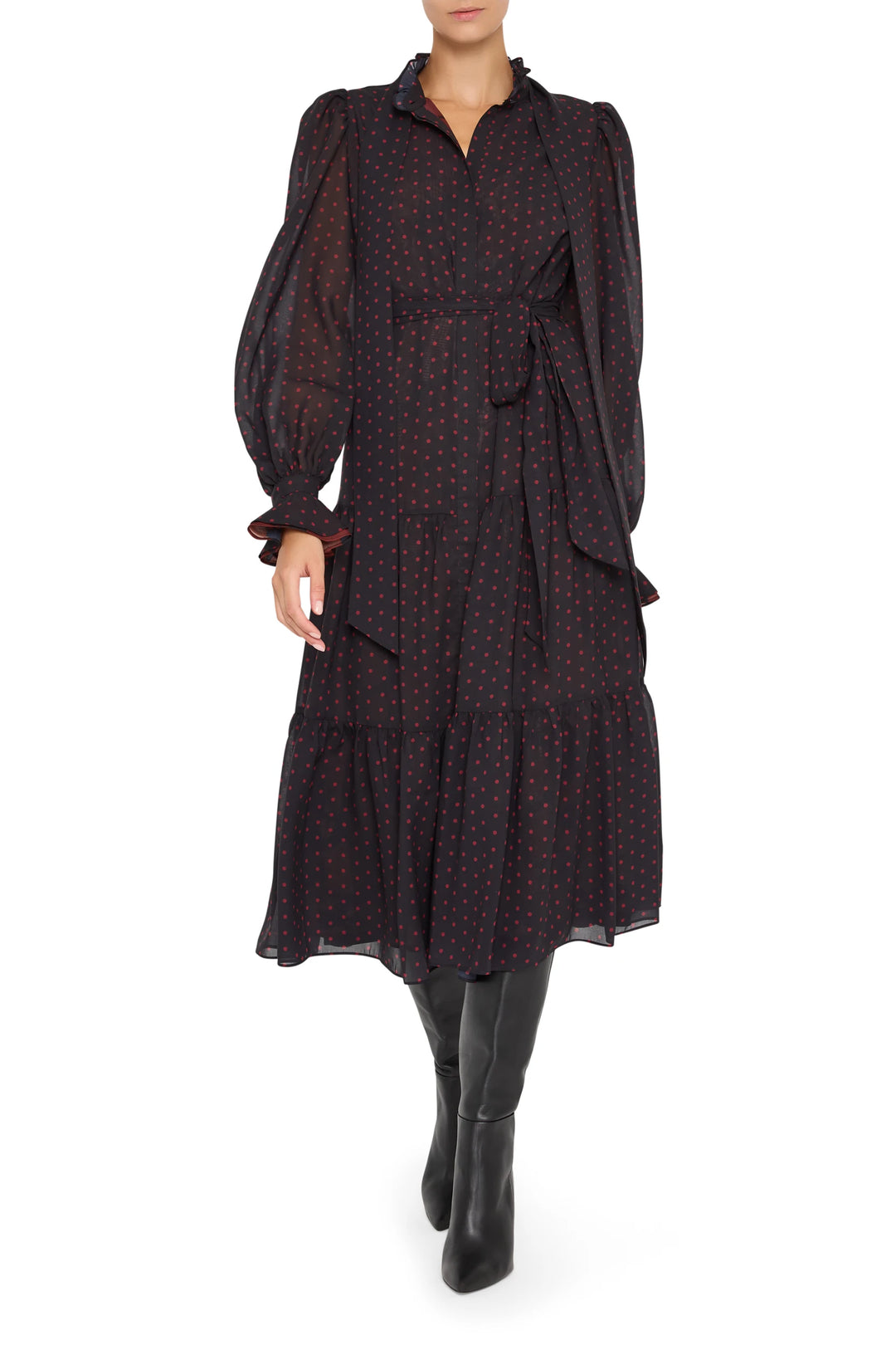 Polka Dot Chiffon Dress with tie waist, midi silhouette, gathered skirt, bishop sleeves; front view on model.