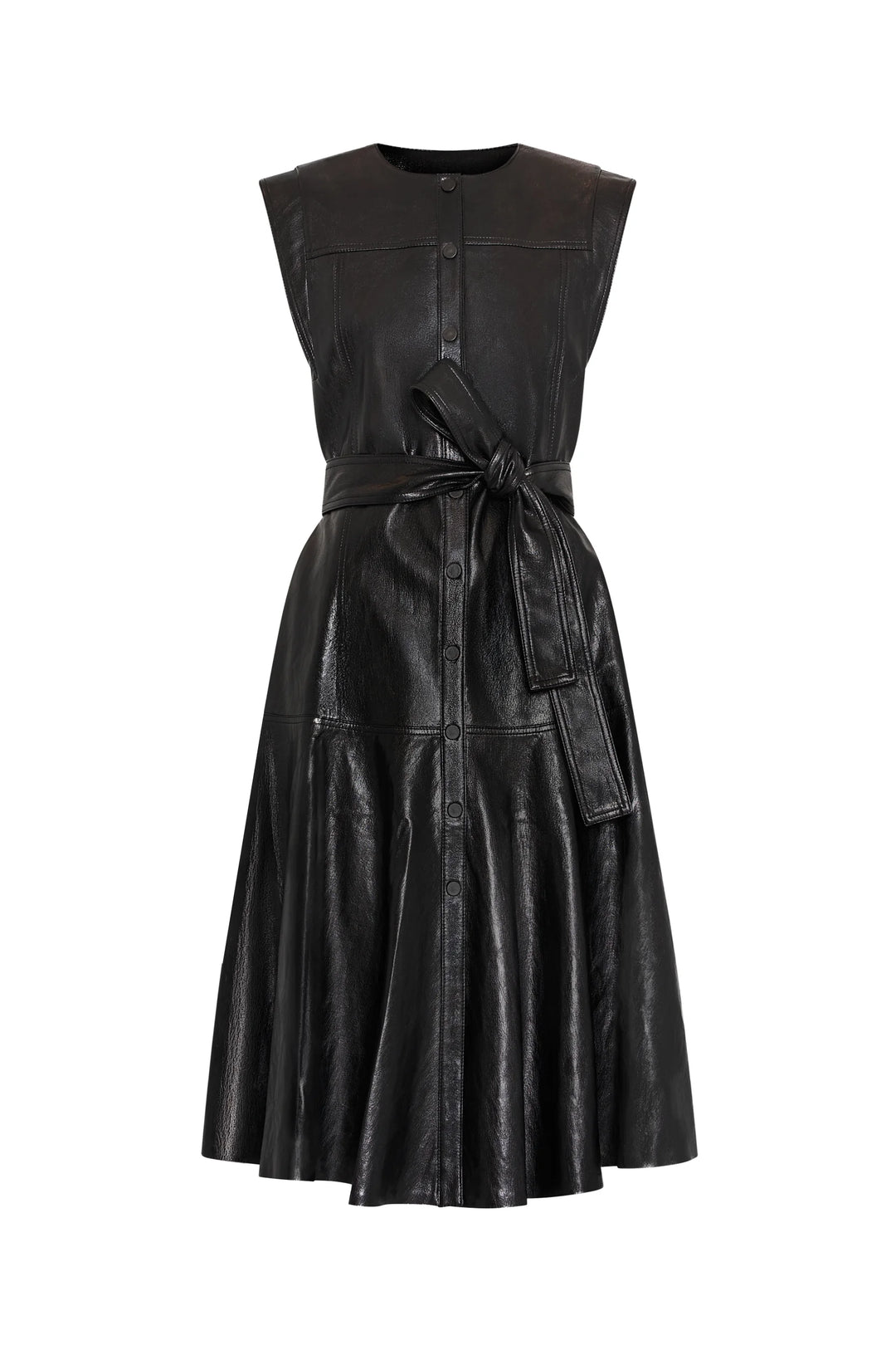Sleeveless vegan leather dress, front buttons, chest flap pockets, tied waist belt, fitted silhouette; front view on white.