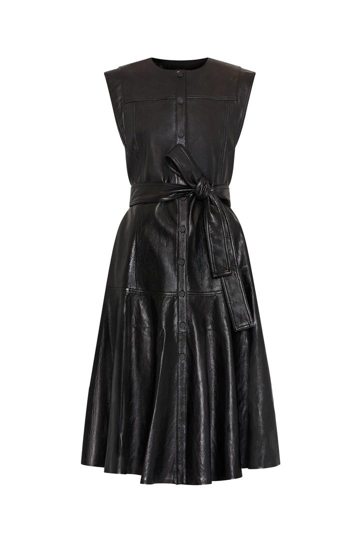 Sleeveless vegan leather dress, front buttons, chest flap pockets, tied waist belt, fitted silhouette; front view on white.
