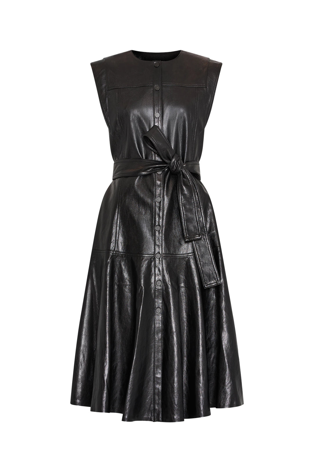Sleeveless vegan leather shirtdress with front buttons, chest flap pockets, and tied waist belt; front view on white.