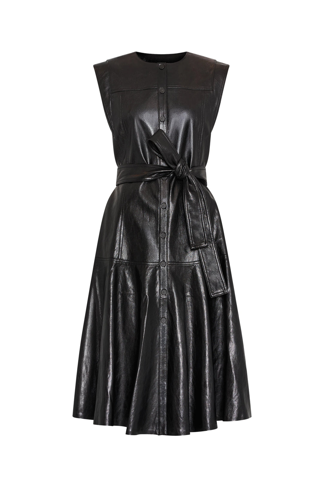 Sleeveless shirtdress in vegan leather with front buttons, belted waist, and flared skirt. Front view on white.