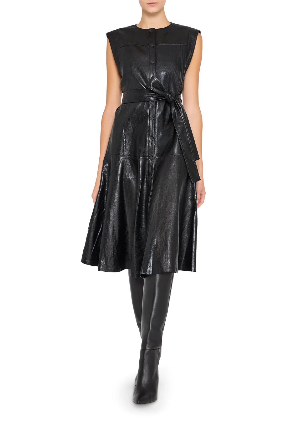 Brenda Vegan Leather Dress, fitted silhouette with tied belt, knee length, front view on model.