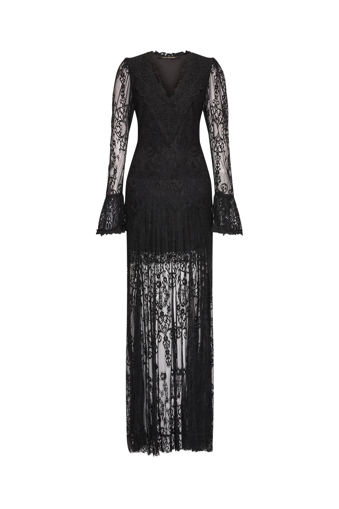 Tori Long Lace Dress: black long-sleeved Chantilly lace maxi dress, V-neck, drop waist, flared cuffs, front view on white.