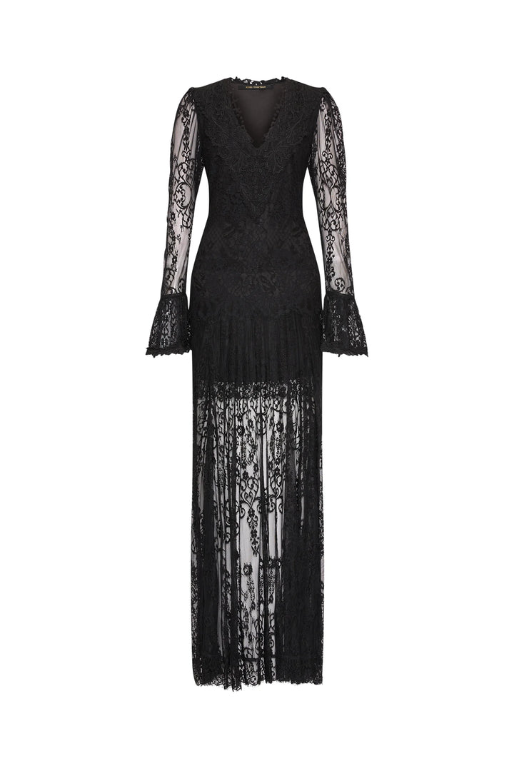 Tori Long Lace Dress: black long-sleeved Chantilly lace maxi dress, V-neck, drop waist, flared cuffs, front view on white.