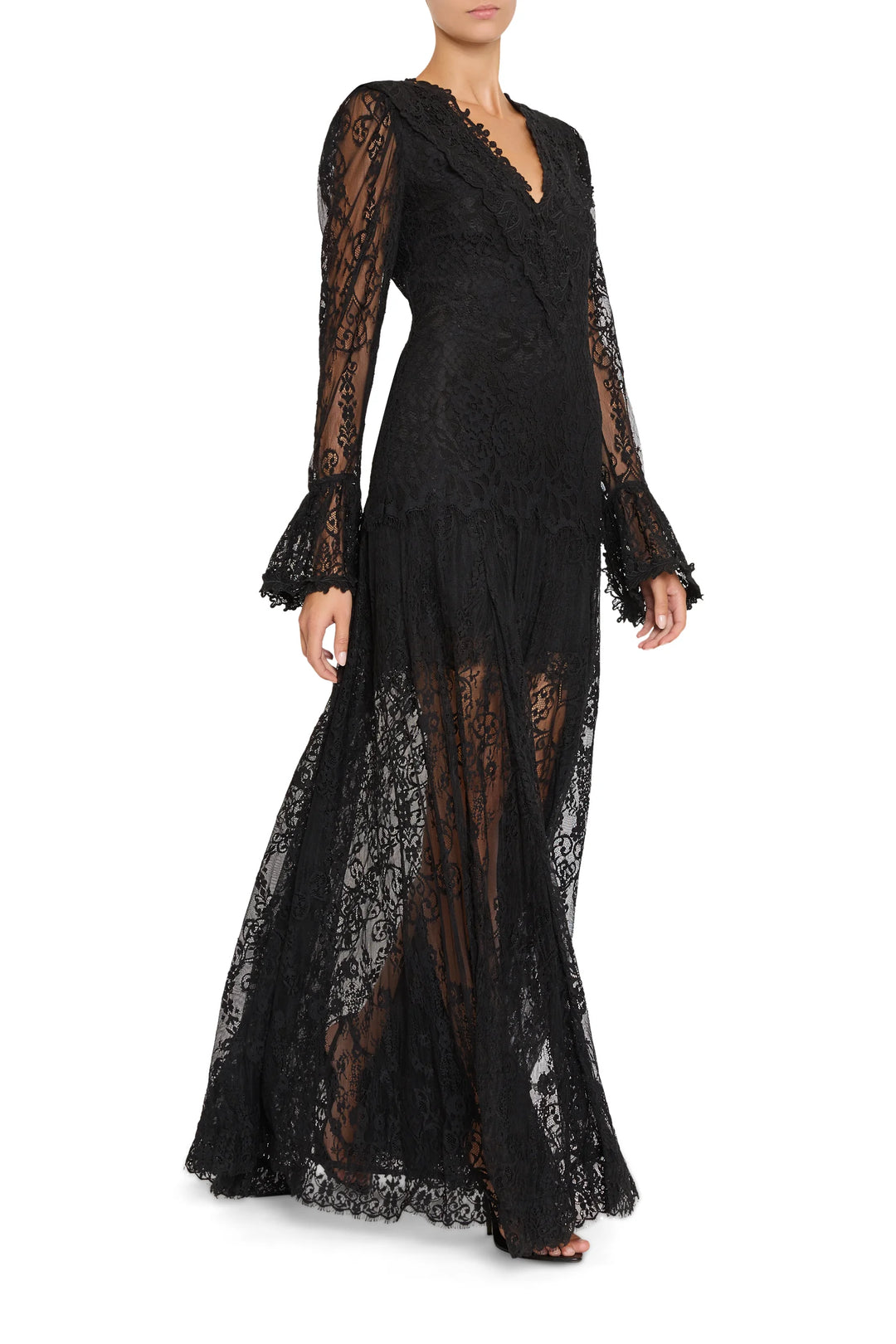 Tori Long Lace Dress in Chantilly lace with V-neckline and long flared sleeves, front view on model.