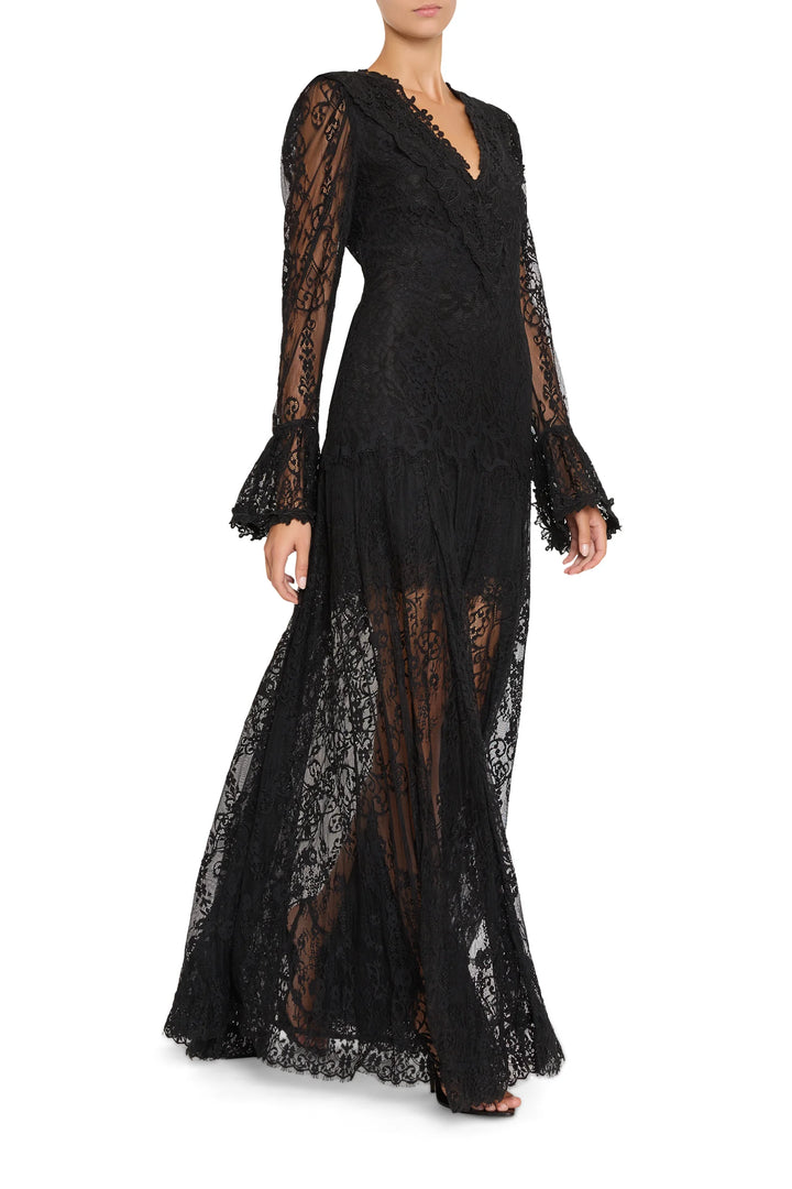 Tori Long Lace Dress in Chantilly lace with V-neckline and long flared sleeves, front view on model.