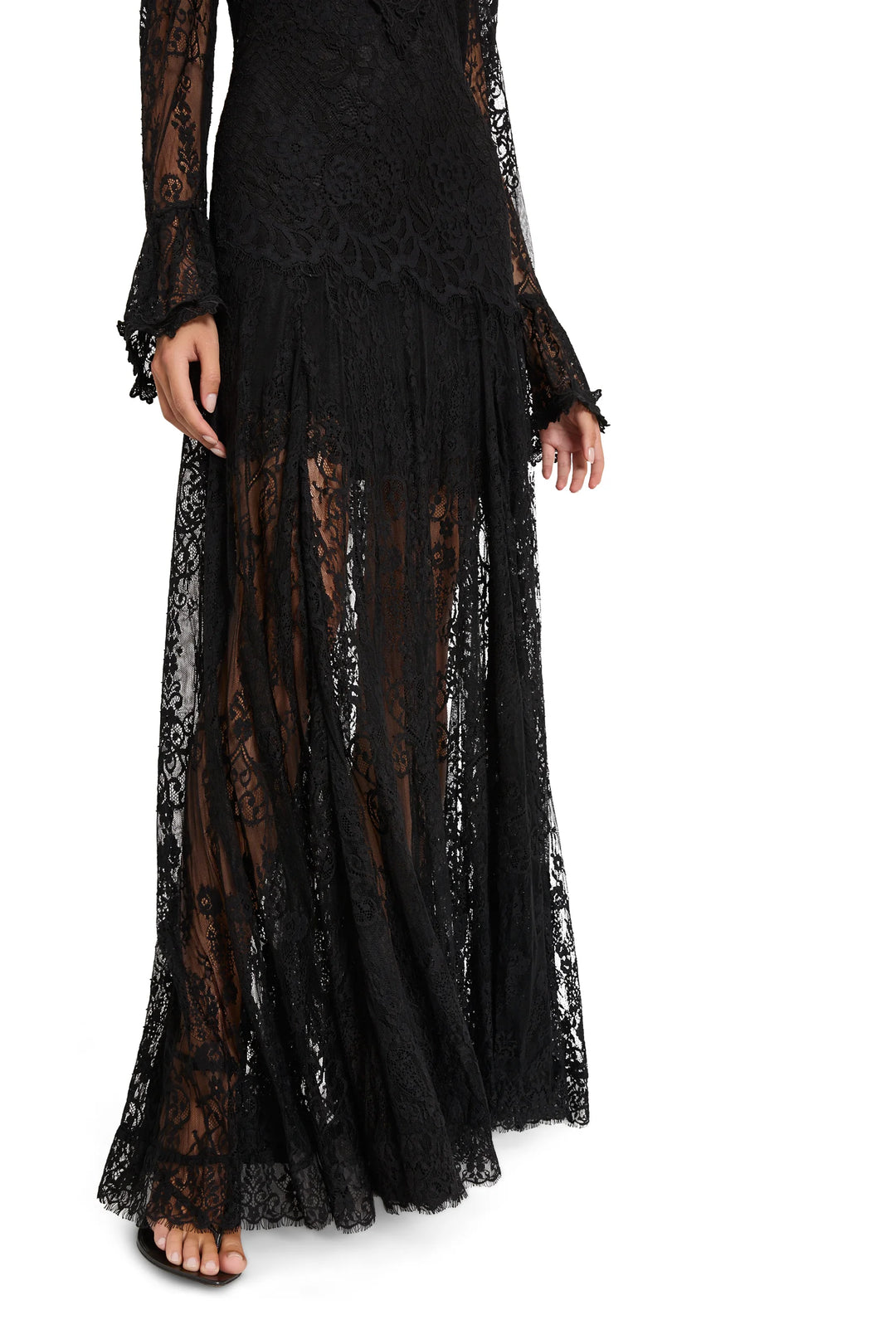 Tori Long Lace Dress in floor-length Chantilly lace with flared sleeves, front view on model.
