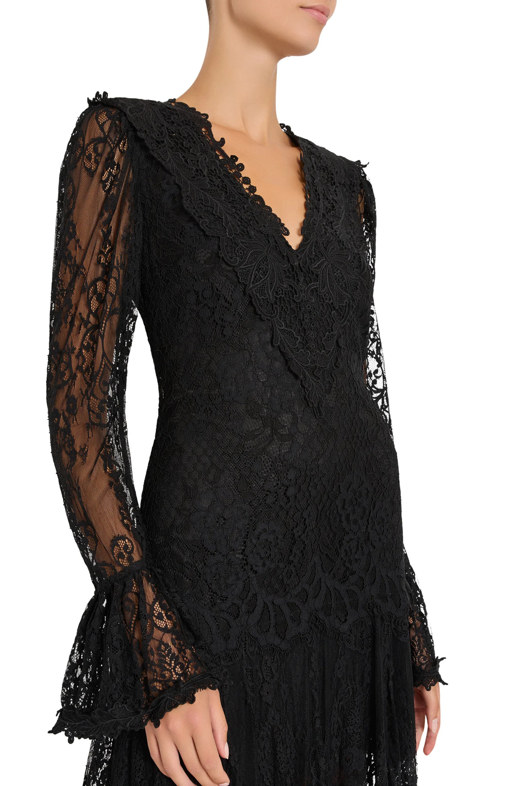 Tori Long Lace Dress in Chantilly lace with long sleeves, V-neck, and ruffled collar, side view on model.