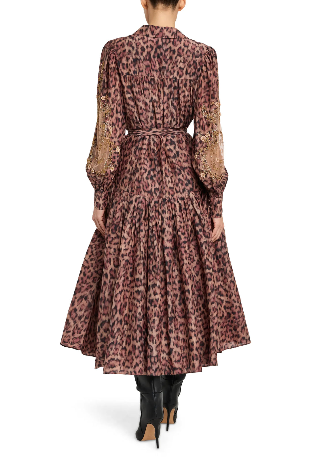 Long-sleeve Jordy Printed Dress with relaxed silhouette and simple construction, back view on model.