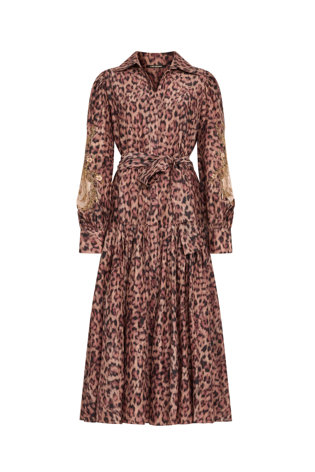 Long-sleeved collared shirt dress with belted waist, lace sleeves, animal print. Front view on white.