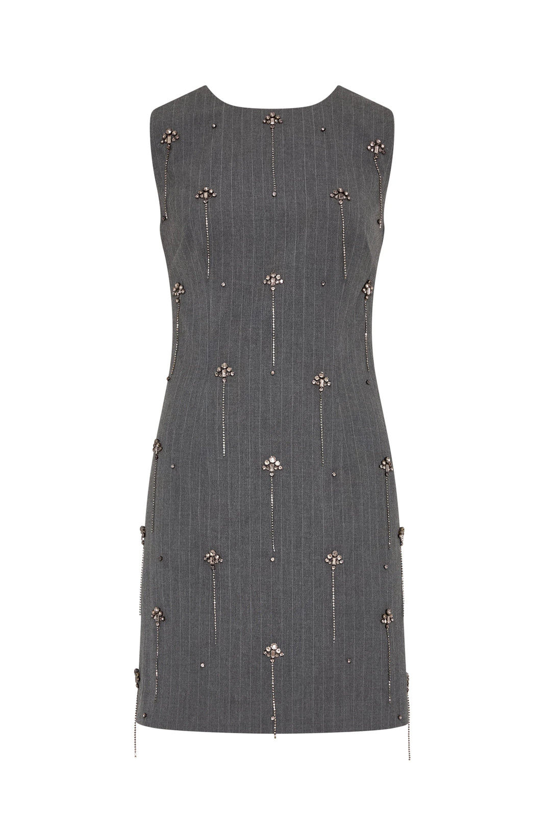 Mini dress with tailored silhouette, pinstripes, hand-embroidered small florals on front; front view on white.