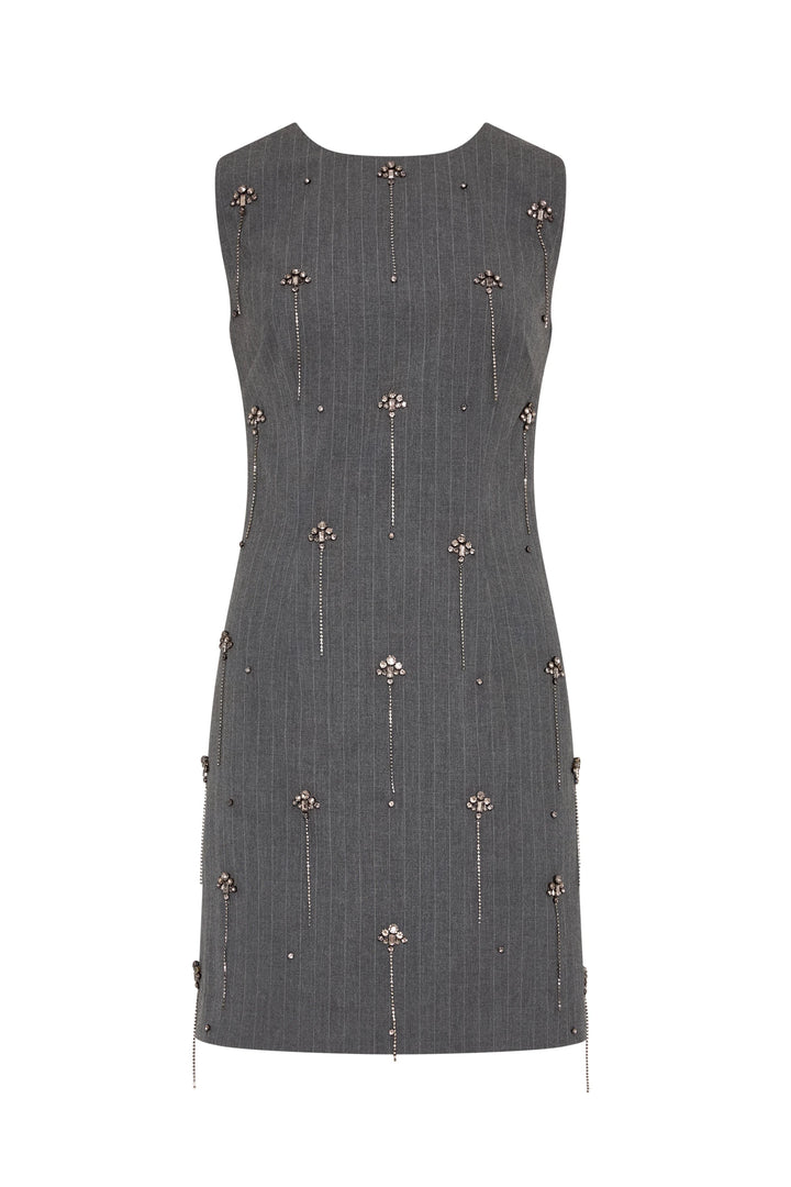 Mini dress with tailored silhouette, pinstripes, hand-embroidered small florals on front; front view on white.