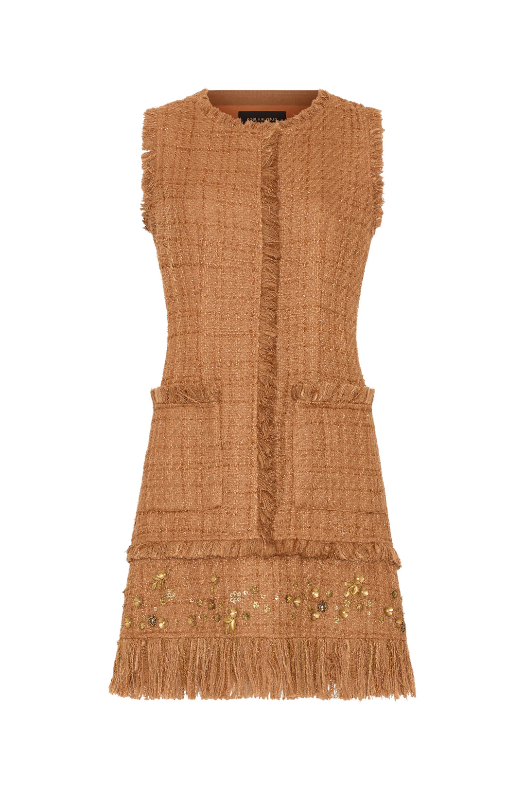 Sleeveless brown tweed dress, fringe trim, front pockets, gold accents, artisanal finish; front view on white.