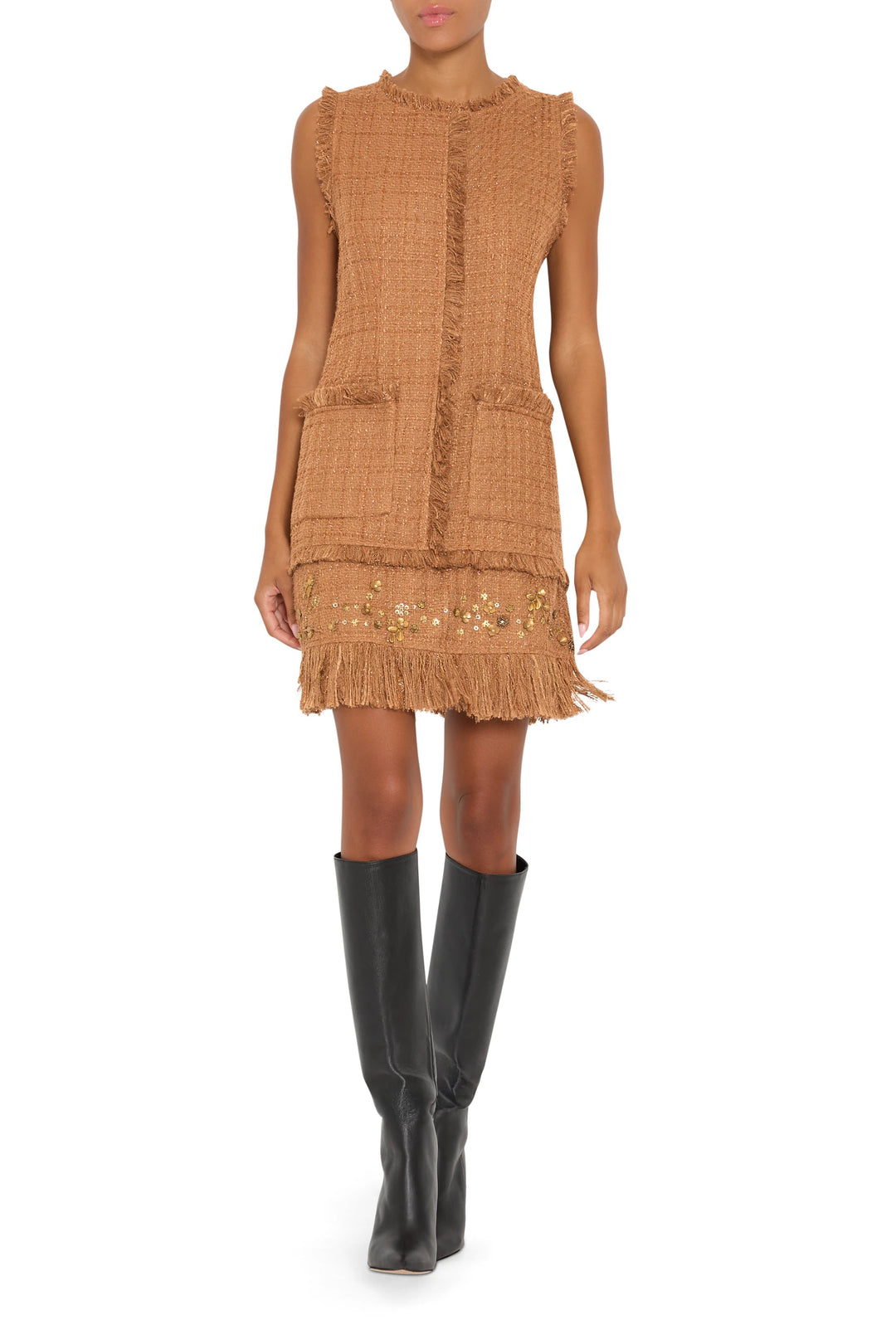 Sleeveless brown tweed dress with fringe edges, beaded accents, and decorative pockets. Front view on white.