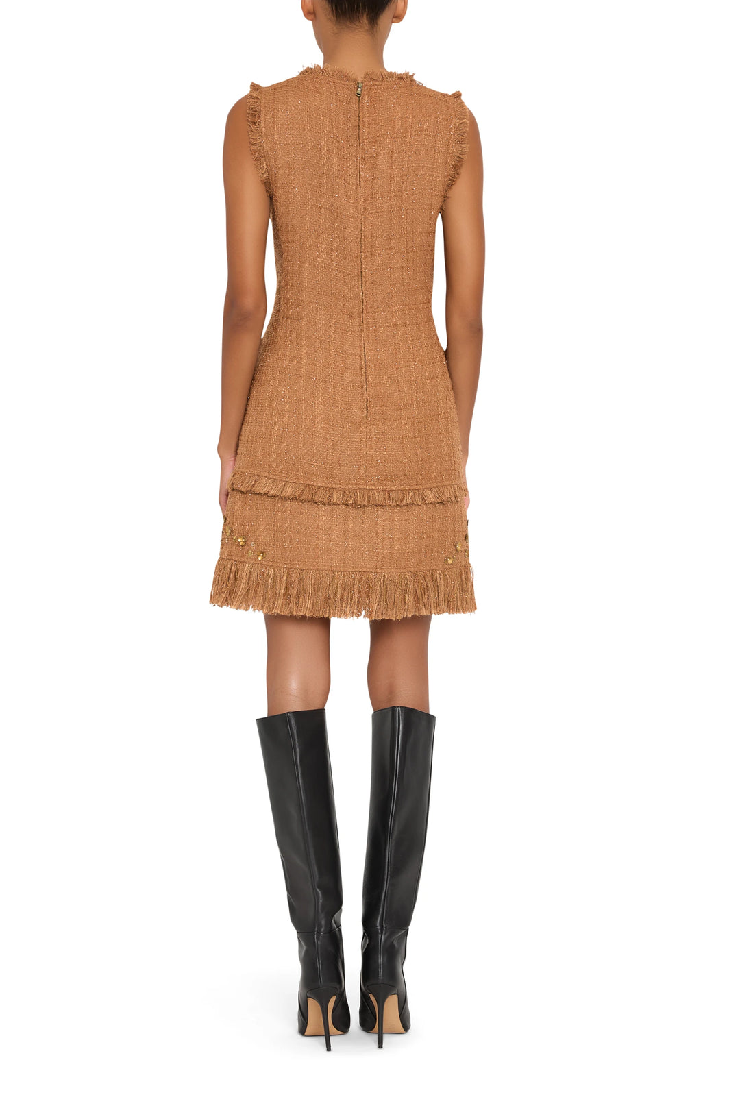 Sleeveless tweed dress with fringe hem, straight silhouette and clean lines, back view on model.
