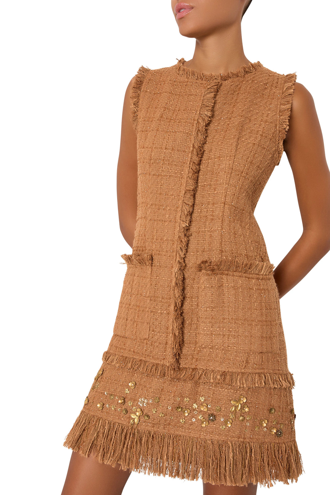 Sleeveless midi dress, textured tweed with fringe and sequin accents, fitted waist; front view on model.