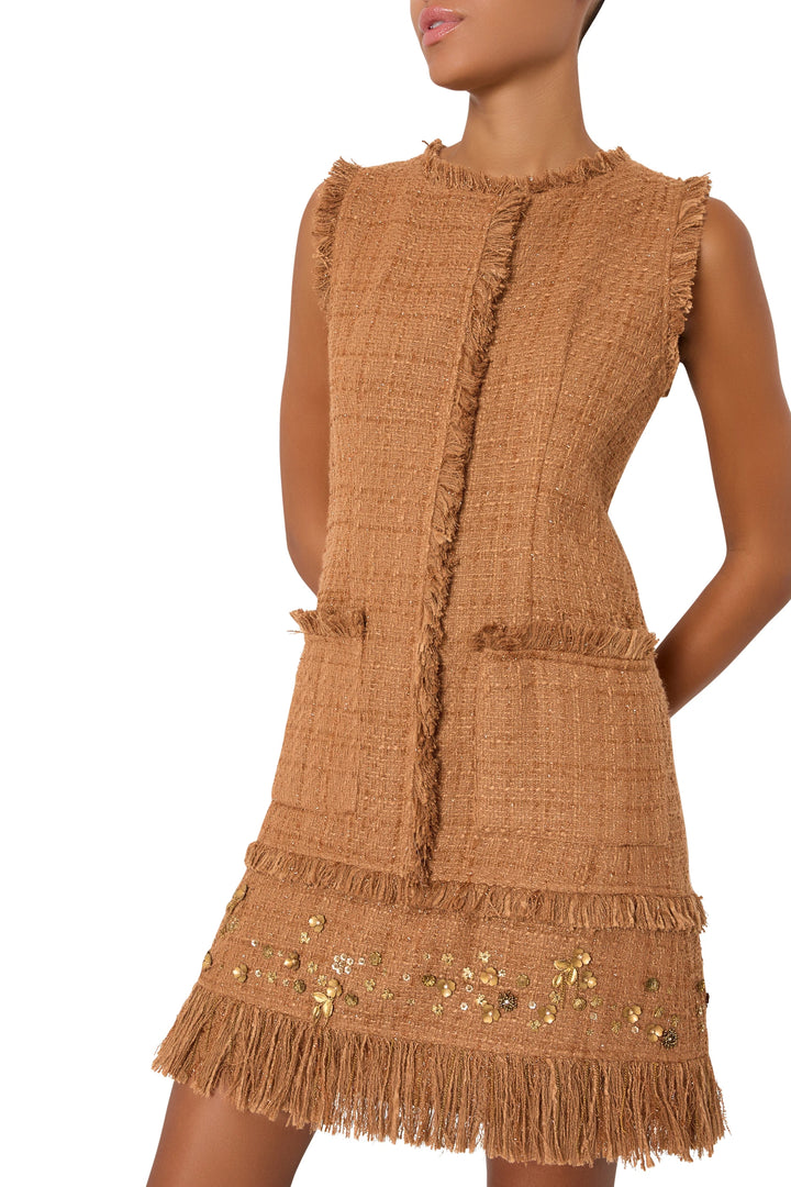 Sleeveless midi dress, textured tweed with fringe and sequin accents, fitted waist; front view on model.