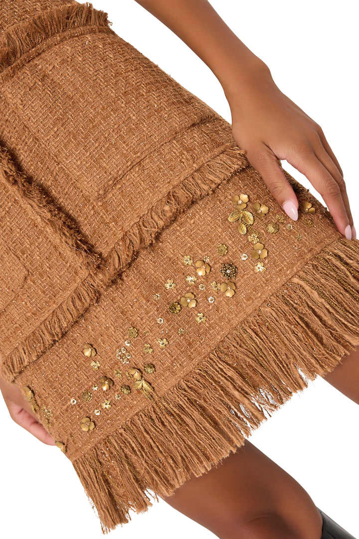Tweed midi dress with gold floral embroidery, tailored silhouette, structured construction; front view on white.