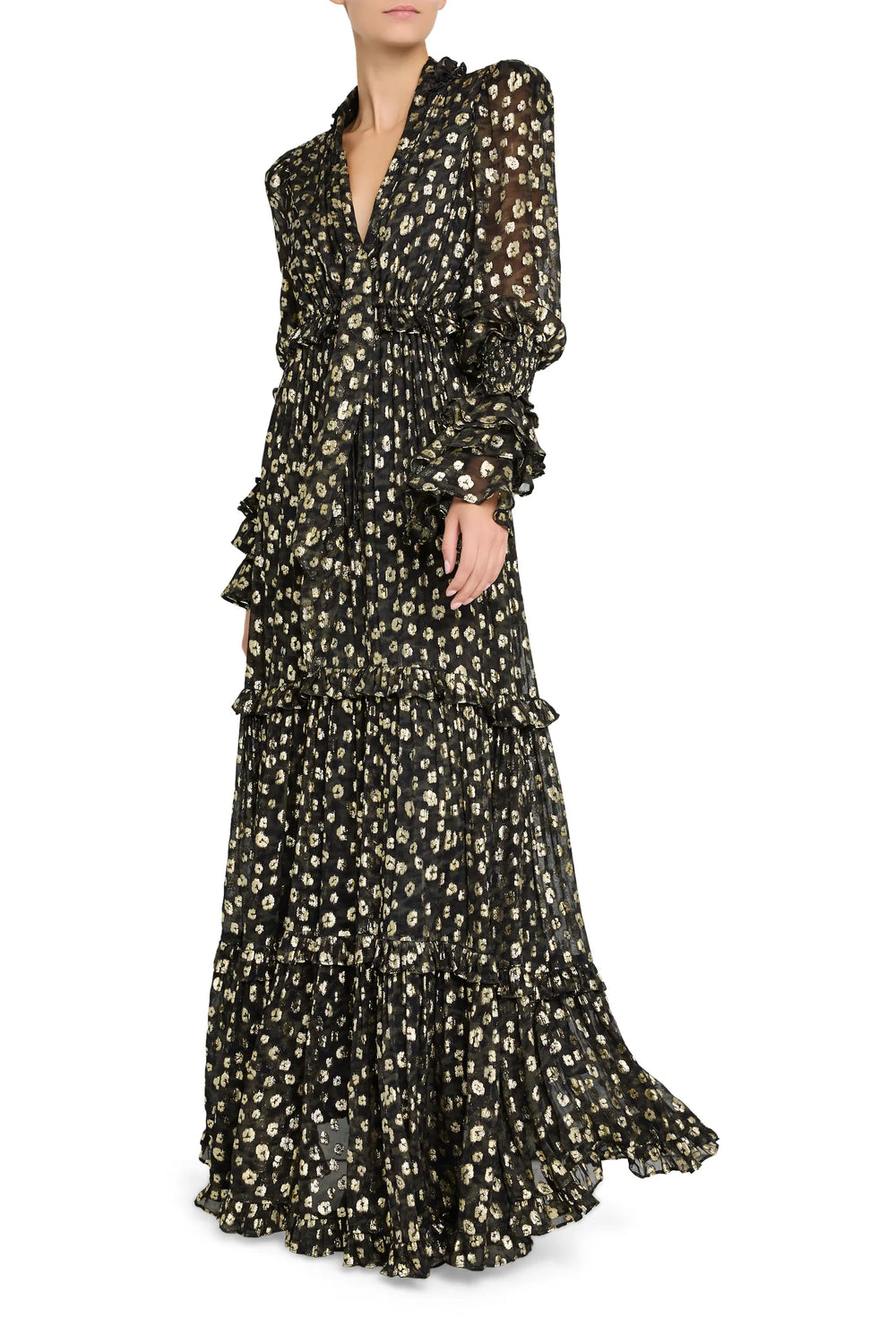 Fit-and-flare midi dress in jacquard with gold floral pattern, ruffle trim at neckline and hem, front view on white.