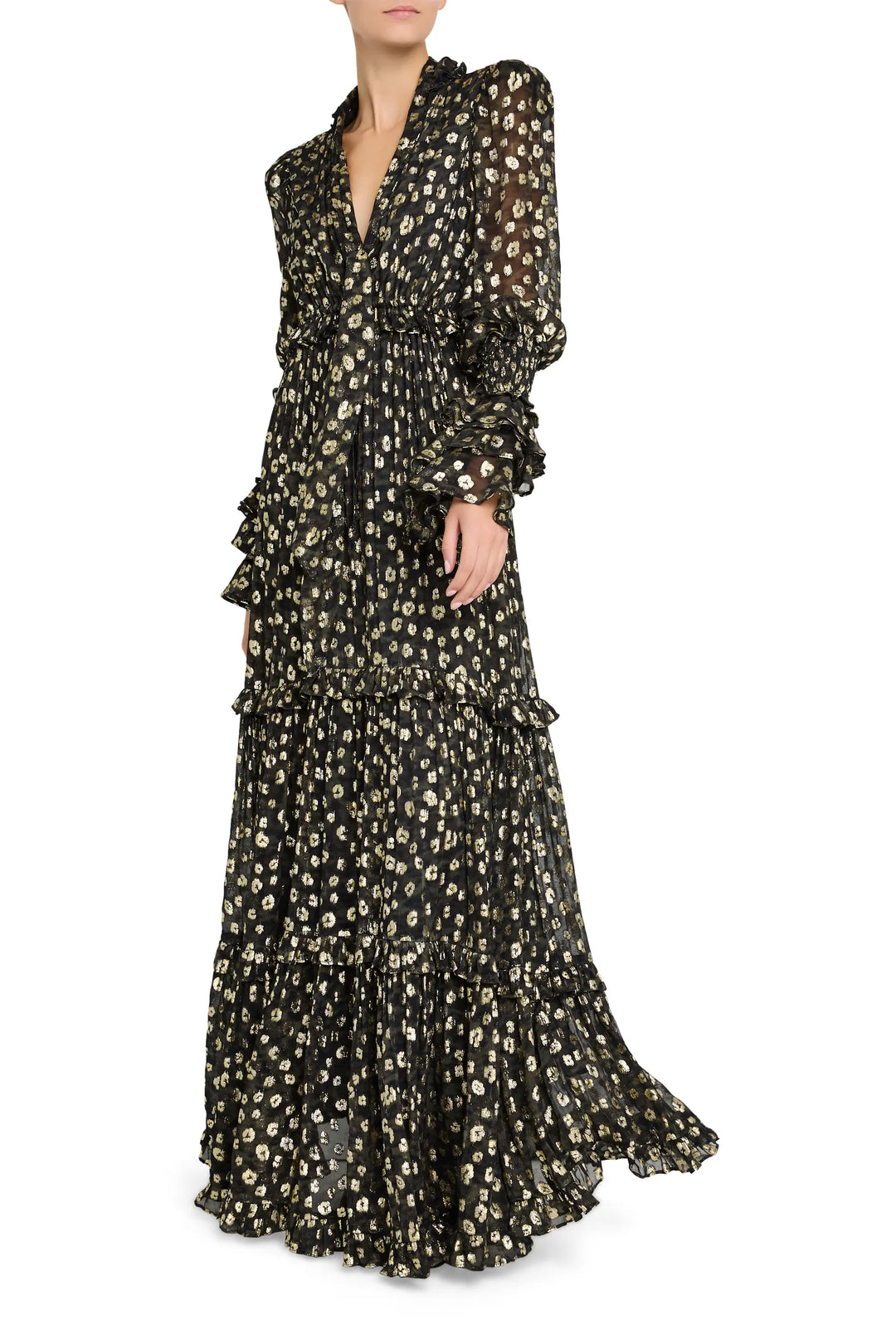Fit-and-flare midi dress in jacquard with gold floral pattern, ruffle trim at neckline and hem, front view on white.