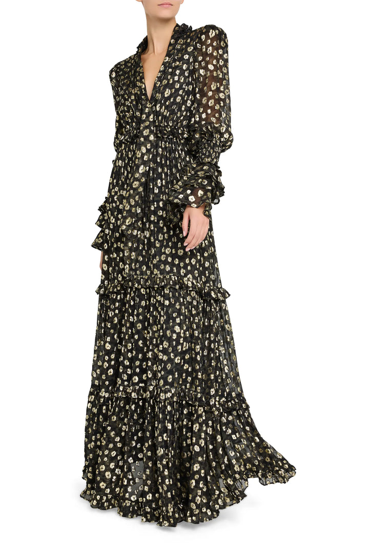 Fit-and-flare midi dress in jacquard with gold floral pattern, ruffle trim at neckline and hem, front view on white.