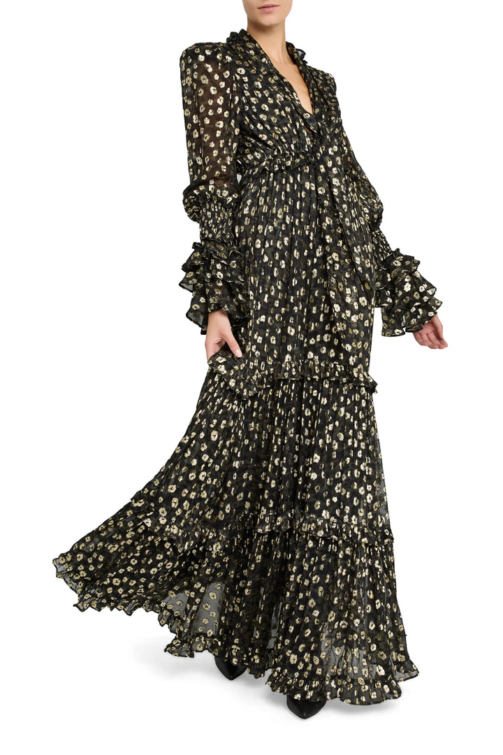 Flowing midi dress with ruffled sleeves and hem, white floral print crepe. Front view on model.
