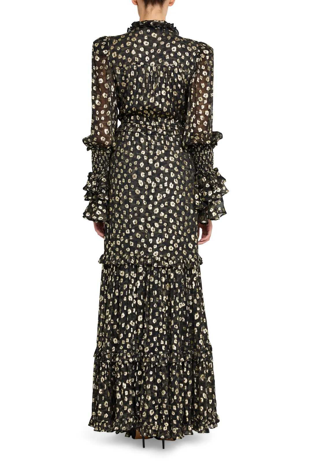 Long, sheer jacquard dress with metallic floral pattern, ruffled sleeves, draped silhouette; back view on model.