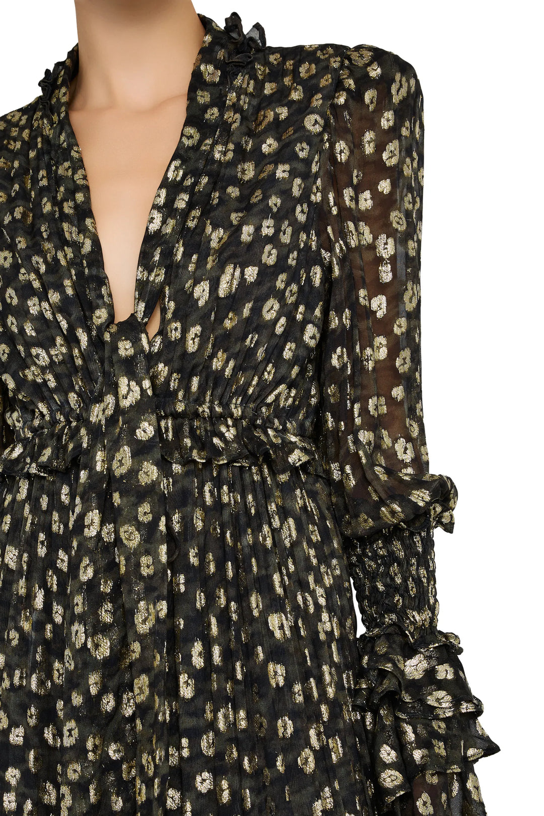 Sheer metallic jacquard dress with gold polka dots, ruffled sleeves, fitted bodice; front view on model.