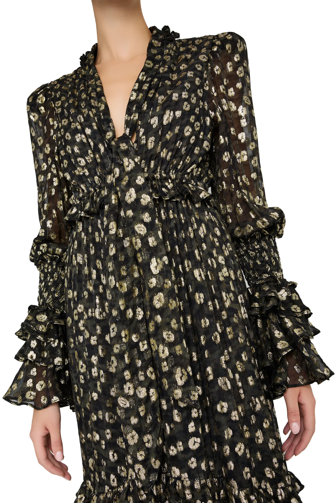 Dana Lurex Dress with deep V neckline, midi silhouette, subtle shimmer, and leopard jacquard. Front view on white.