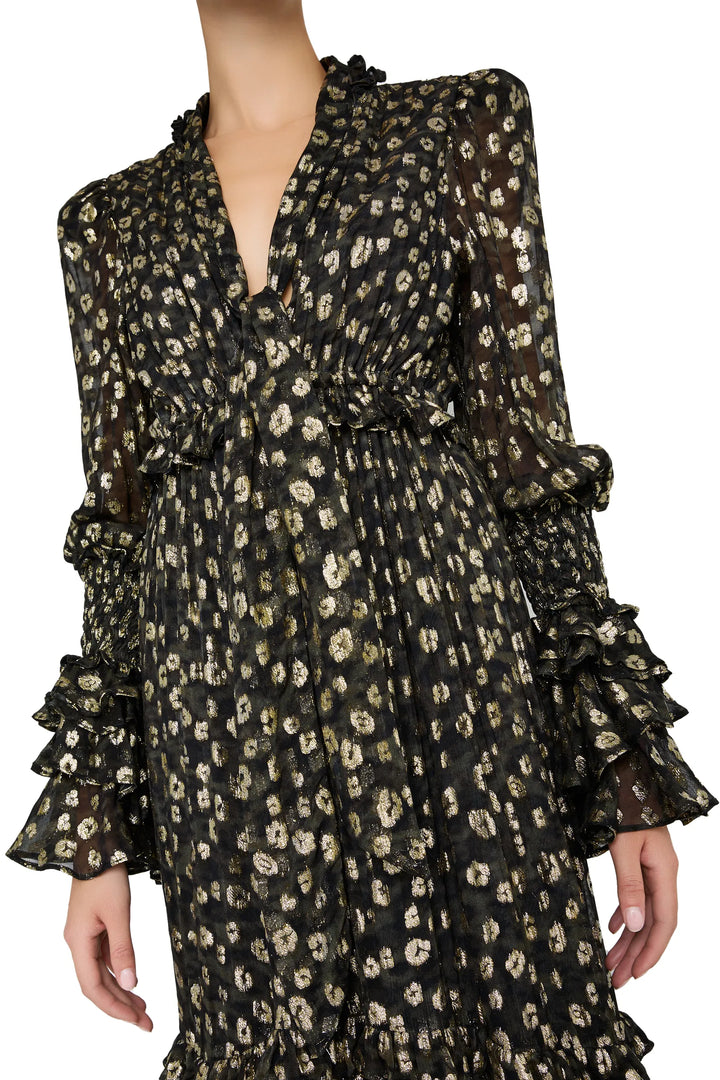 Dana Lurex Dress with deep V neckline, midi silhouette, subtle shimmer, and leopard jacquard. Front view on white.